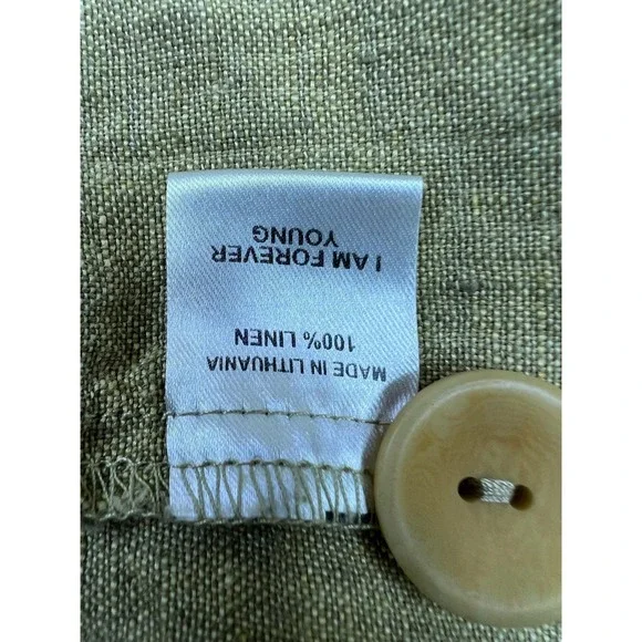 FLAX Blouse Womens Medium Green Linen Cropped Button Front Long Sleeve Top - Picture 5 of 8